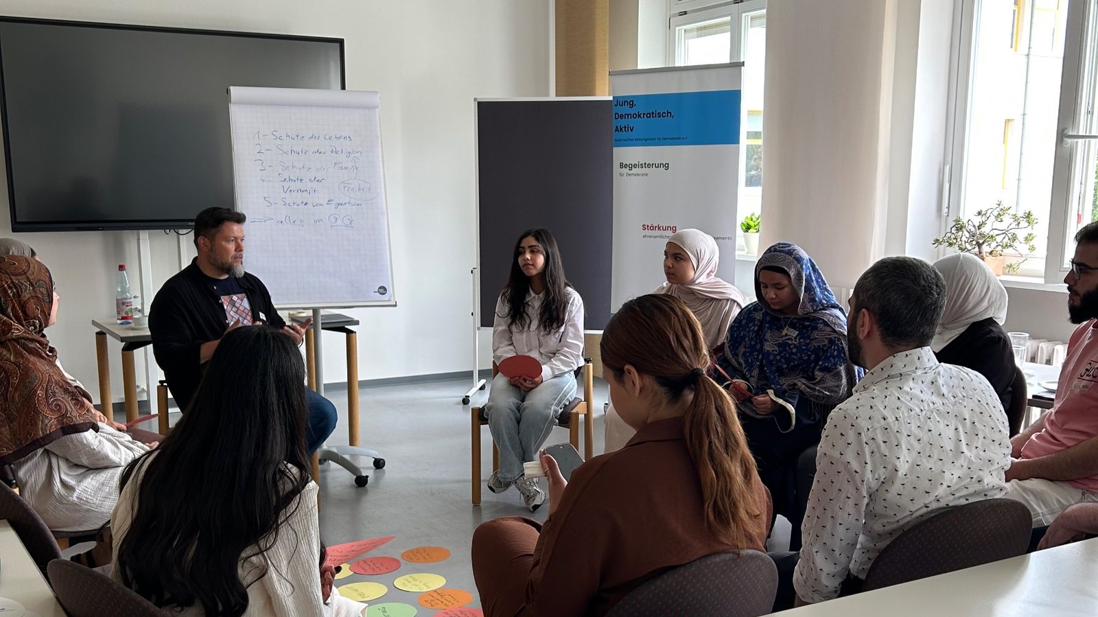 Teilnehmende im Stuhlkreis, auf dem Boden farbige Karten mit Grundwerten, daneben ein Flipchart mit den fünf Schutzgütern